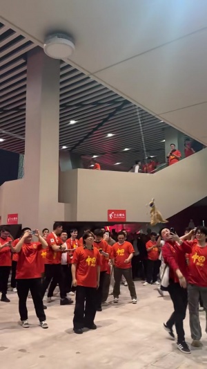 总决赛直播-国足半场0-2澳大利亚，球迷中场轮流击打袋鼠玩偶